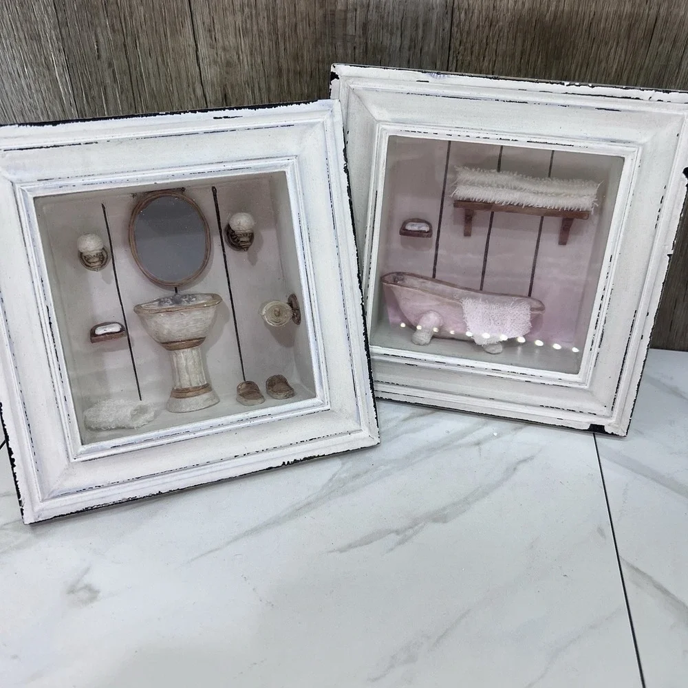 Set of 2 Vintage Wooden Whitewashed 3D Home Décor Bathtub Bathroom Dioramas 6.5